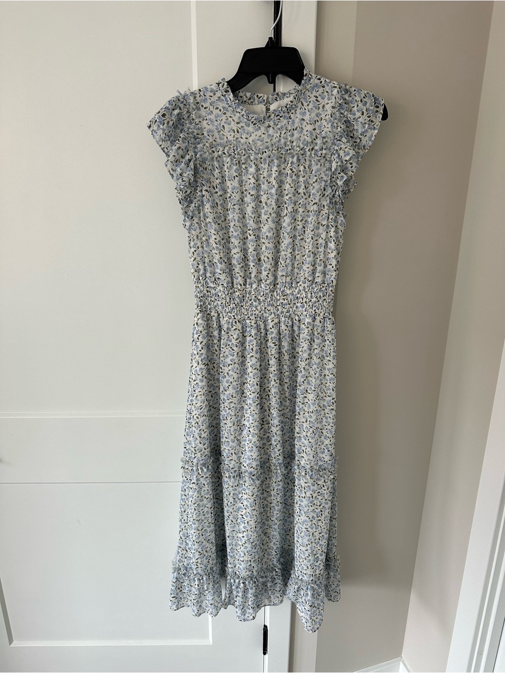 CeCe Light Blue Floral Smocked Midi Dress with Ruffle Shoulders